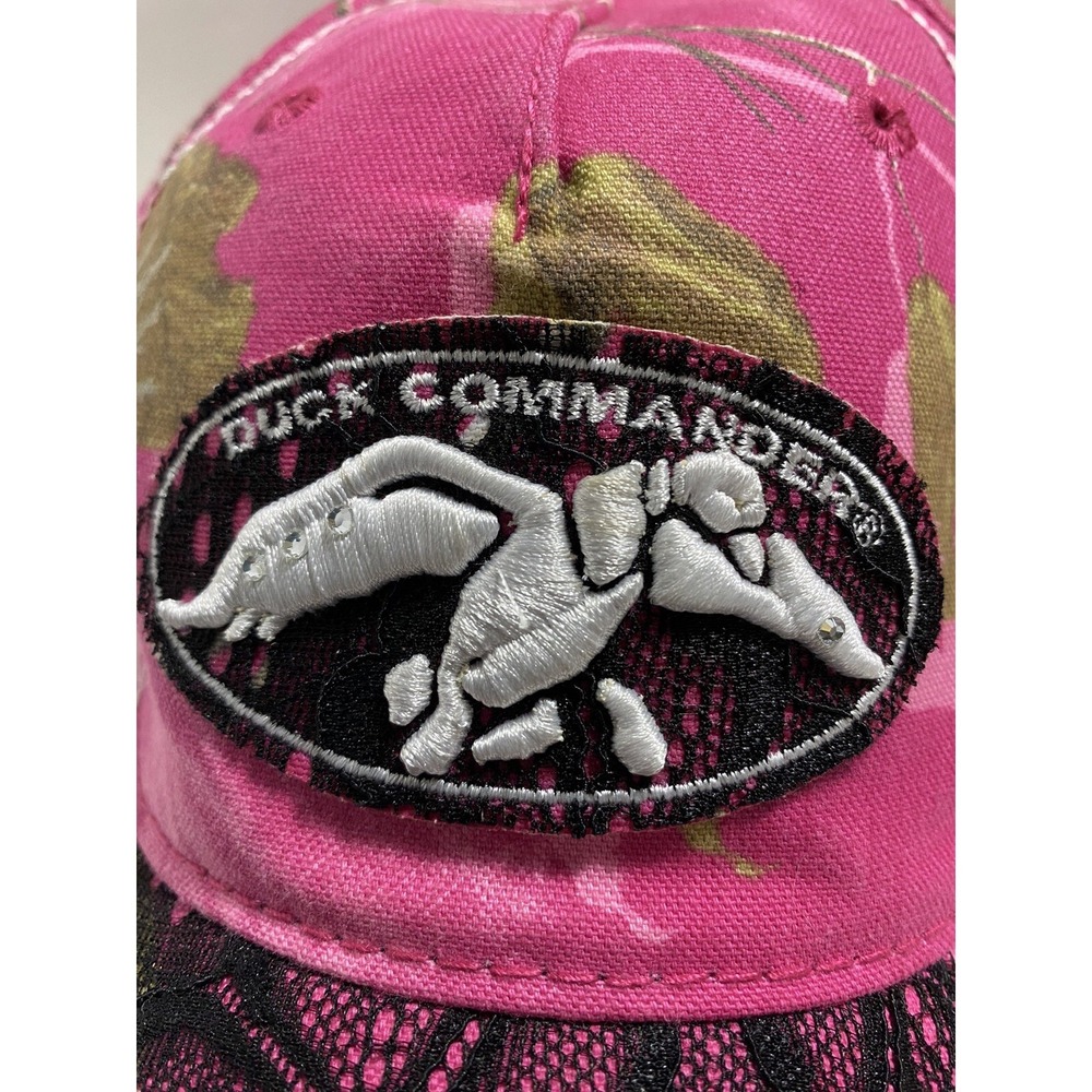 VTG Duck Commander‎ Pink Camo Hat Black Lace Overlay distress women's Adjustable - Picture 4 of 6